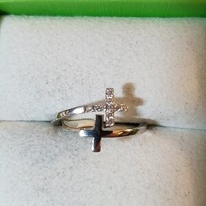 Double Cross Rhinestone Silver Tone Ring
